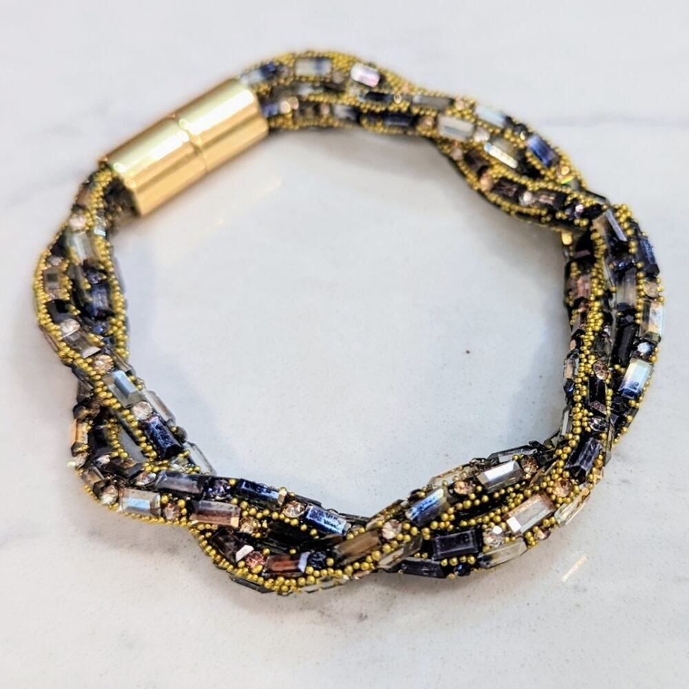 Sparkle Chunky Beaded Bracelet Gold Gray Black Magnetic Closure NEW